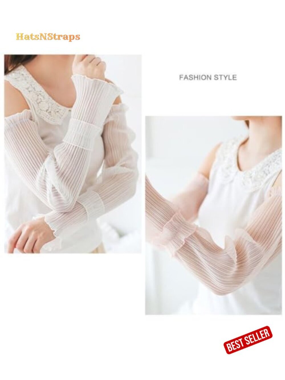 Lace Mesh Ruched Ruffle Hem Arm Sleeves Sun Protection Fingerless - Picture 4 of 6
